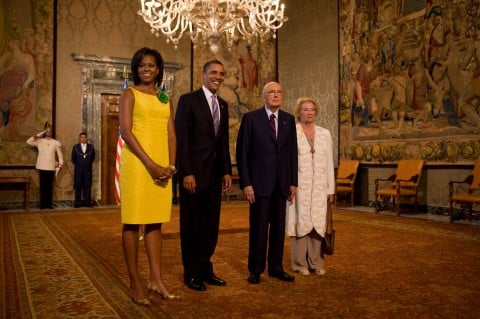 Barack Obama, la first lady Michelle Obama, Giorgio Napolitano e la moglie Clio, al Quirinale