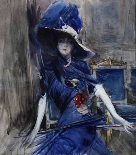 Giovanni Boldini, La divina in blu, 1905 ca., acquerello su carta. Collezione privata