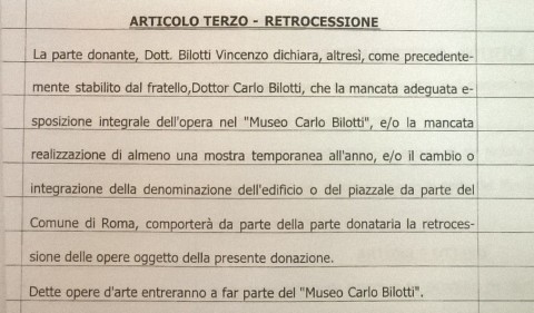 L'estratto del contratto di donazione delle opere di Consagra al Museo Bilotti