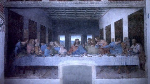 Leonardo da Vinci, Ultima Cena, 1494-98. Refettorio della Chiesa di Santa Maria delle Grazie, Milano. La vecchia illuminazione, allestita nel 1999 a conclusione del restauro