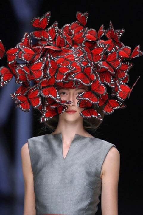 Butterfly headdress of hand-painted turkey feathers Philip Treacy for Alexander McQueen, La Dame Bleu - Spring-Summer 2008 - photo Anthea Sims