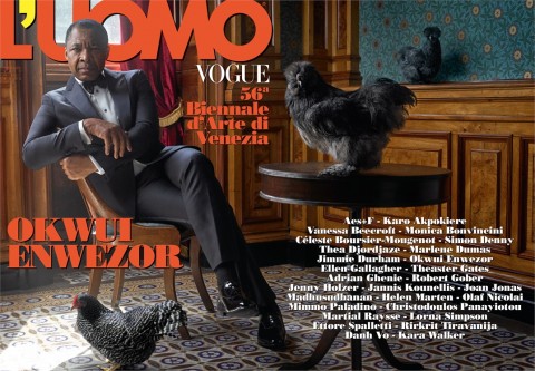 Okwui Enwezor. Cover del numero di maggio/giugno 2015 de L'Uomo Vogue, photo by Mike Seliger