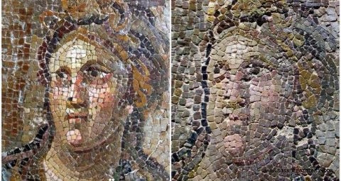 Il prima e dopo il restauro di uno dei mosaici in questione