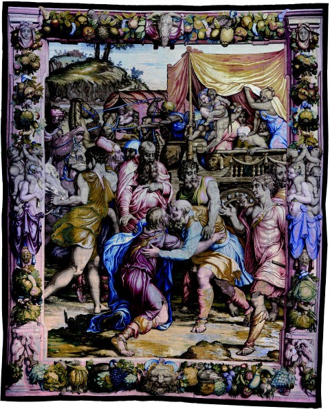 Incontro di Giuseppe con Giacobbe in Egitto, 1550-1553, disegno e cartone di Agnolo Bronzino, atelier di Nicolas Karcher, Firenze, Soprintendenza  Speciale PSAE e per il Polo Museale