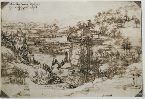 Leonardo da Vinci, Paesaggio (5 agosto 1473) - Firenze, Gabinetto Disegni e Stampe degli Uffizi