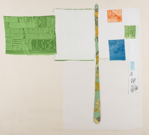 Robert Rauschenberg, Airport (Room Service), 1974, Rilievo e intaglio su tessuto con cravatta verde dell’artista applicati su tela, 163x149cm