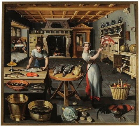 Pittore della scuola di Anversa della seconda metà del XVI secolo, Scena di cucina con cena in Emmaus, 1580-90 - Villa medicea di Poggio a Caiano, Museo della Natura Morta