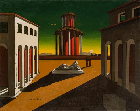 Giorgio de Chirico, Piazza d'Italia, metà anni '50 - olio su tela, 40 x 50 cm