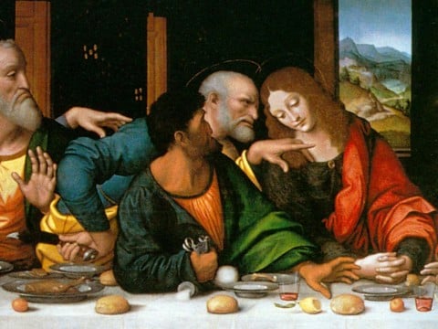 Leonardo da Vinci, Ultima cena, 1495-98 - particolare con - da dx - Giovanni, Pietro, Giuda e Andrea - Santa Maria delle Grazie, Milano