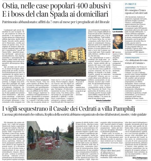 Simbolica pagina del Corriere Roma di oggi: centinaia di abusi e mafie, ma i vigili fanno chiudere lo spazio mostre