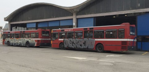 Alcuni degli autobus dipinti da Cuoghi Corsello per la mostra bolognese, come interventi outdoor