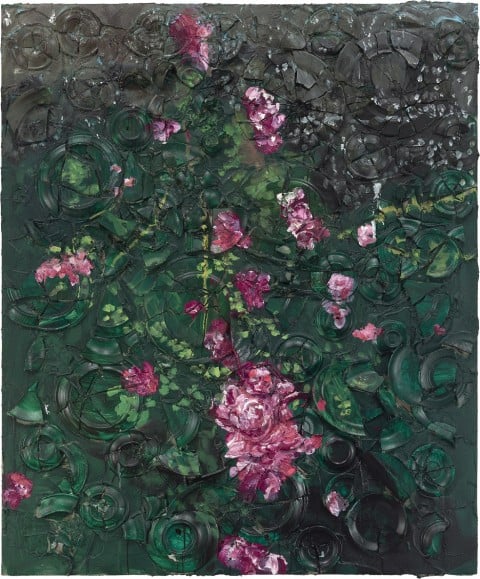 Julian Schnabel, Rose Painting (Near Van Gogh’s Grave) V, 2015, oil, plates, and bondo on wood, 182,88 x 152,4 x 30,48 cm