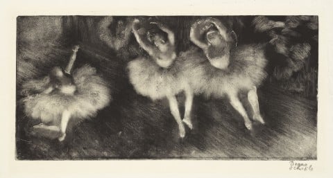 Hilaire-Germain-Edgar Degas. Trois danseuses (Three Ballet Dancers). c. 1878–80. Monotype on cream laid paper, plate: 7 13/16 × 16 3/8” (19.9 × 41.6 cm). Sterling and Francine Clark Art Institute, Williamstown, Massachusetts, 1955.1386