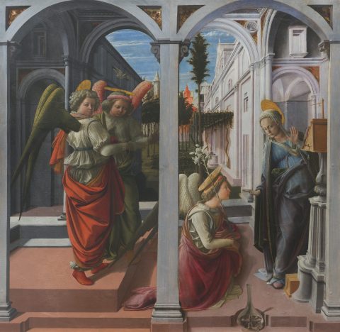 Filippo Lippi, Pala Martelli, dettaglio dell'Annunciazione dopo il restauro