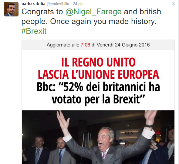 Il parlamentare Carlo Sibilia del M5S si complimenta via Twitter con Nigel Farage per lo storico risultato