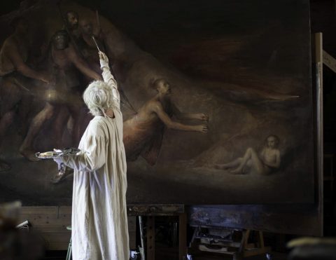 Odd Nerdrum davanti a uno dei suoi dipinti