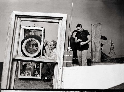 Billy Kluver, left, and Robert Rauschenberg in Rauschenberg's studio working on “Oracle” in 1965