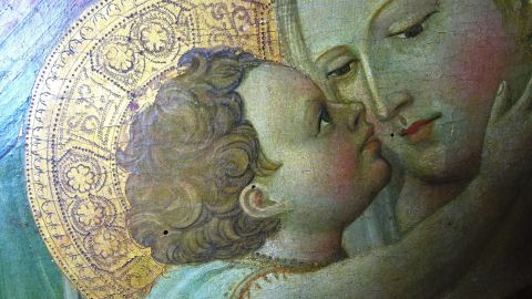 Giovanni dal Ponte, Madonna col Bambino in trono, tempera su tavola, cm. 120x60, Galleria dell'Accademia di Firenze, particolari dei volti della Vergine e di Gesù Bambino prima del restauro