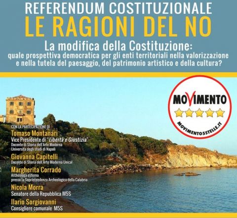 La locandina di un incontro del M5S sul No al Referendum. Tra gli ospiti anche Montanari