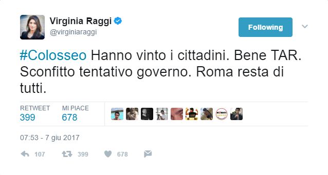 Il tweet di Virginia Raggi