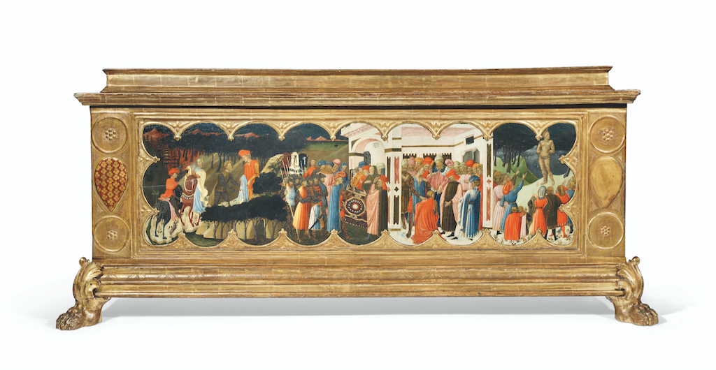 Giovanni Toscani (Firenze 1370/80–1430) Scene dalla novella di Ginevra, Bernabò e Ambrogiuolo (Boccaccio, Decameron),  tempera e oro su pannello