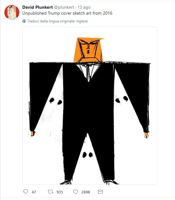 David Plunkert pubbloica su Twitter un suo disegno inedito del 2016 dedicato a Trump in versione Ku Klux Klan