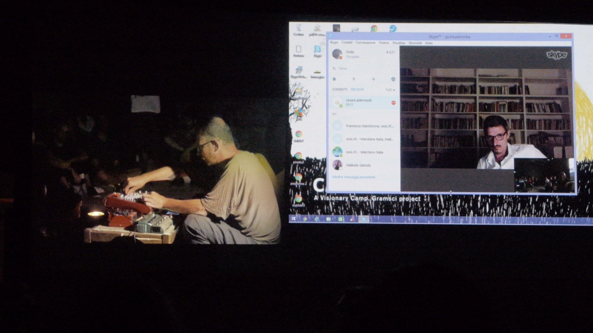 L'artista Cesare Pietroiusti in collegamento skype. Camposud. Foto di Francesco Deplano