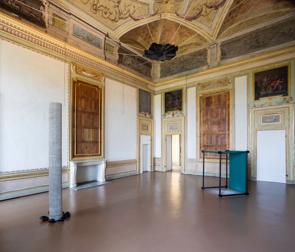 Gilberto Zorio, Colonna, 1967   Macchia III, 1968   Tenda, 1967. Installation view at Castello di Rivoli. Photo Renato Ghiazza