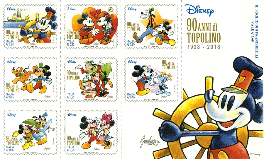 La serie di francobolli per i 90 anni di Topolino