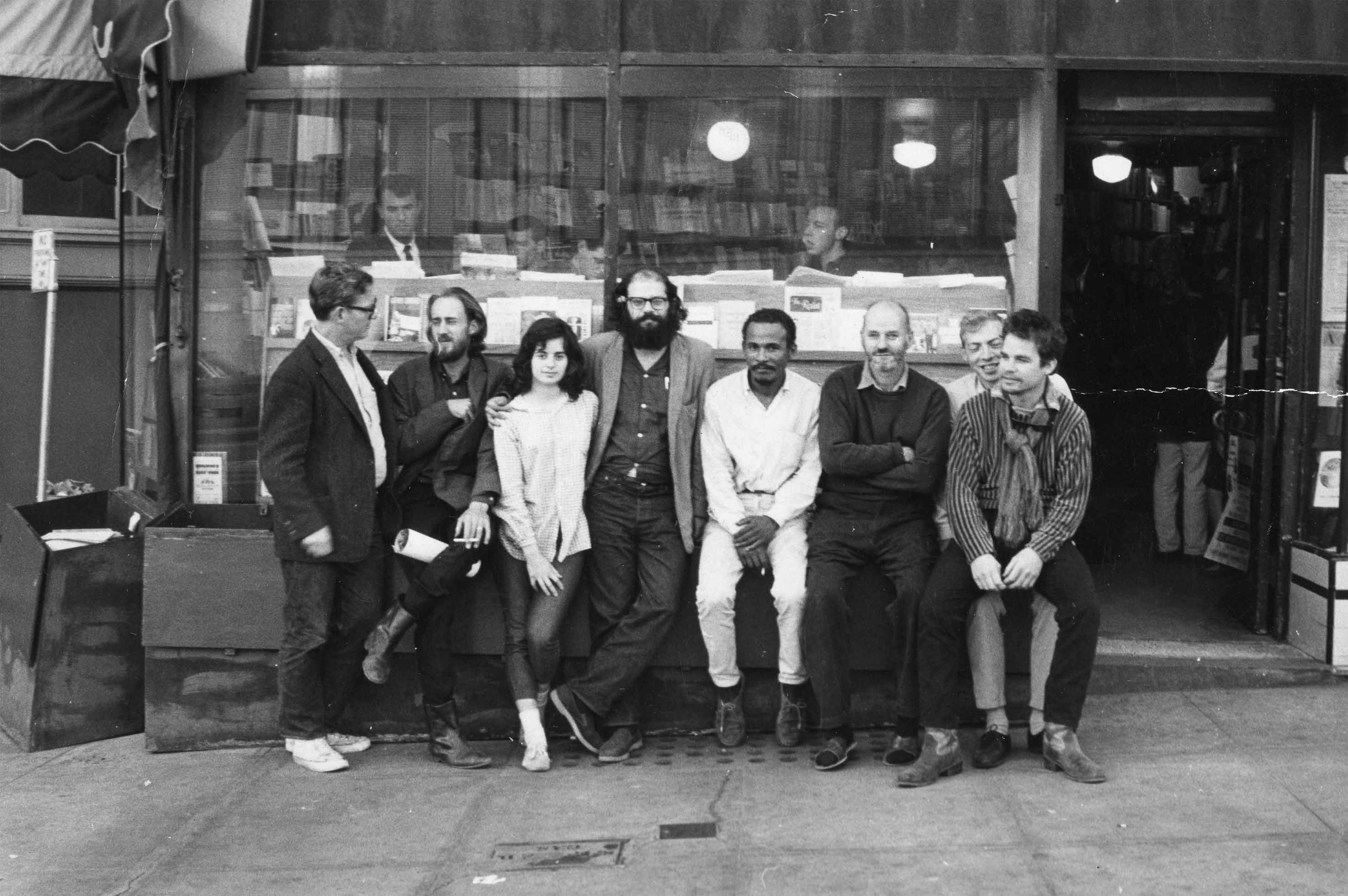 Allen Ginsberg, Lawrence Ferlinghetti & friends at City Lights Bookstore, 1963. Courtesy City Lights