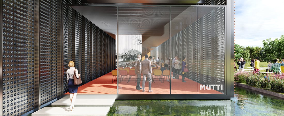 Il centro visitatori nell'Hq Mutti riprogettato da Carlo Ratti Associati. Render di CRA (Gary di Silvio, Gianluca Zimbardi) e Arch018