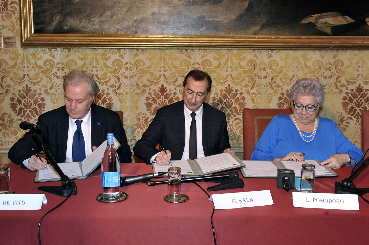 Carlo De Vito, Giuseppe Sala e Livia Pomodoro in conferenza stampa
