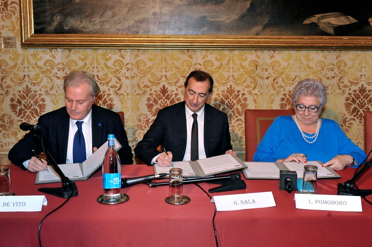 Carlo De Vito, Giuseppe Sala e Livia Pomodoro in conferenza stampa