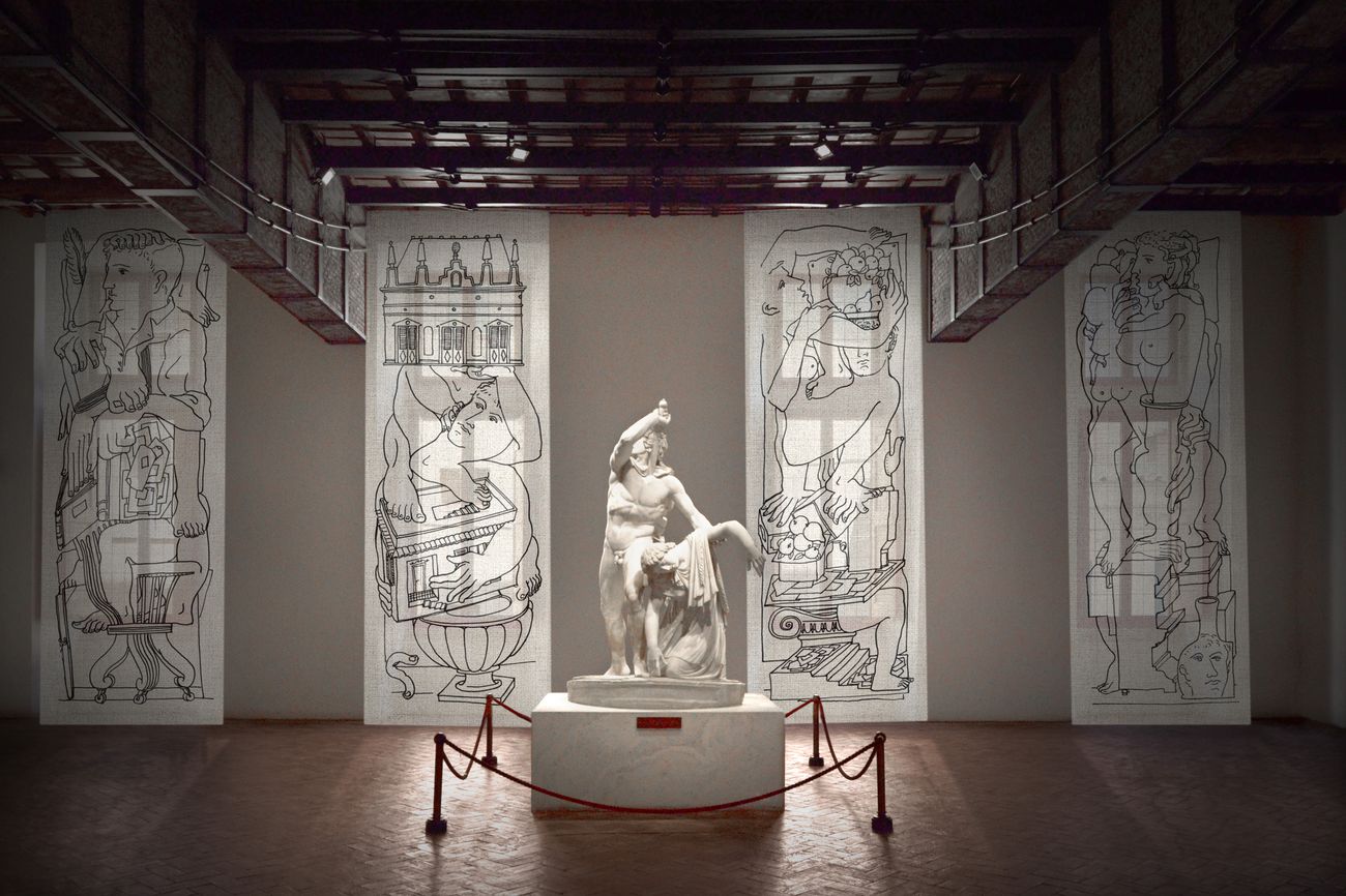 Gruppo scultoreo del Galata suicida e pannelli Follia pratica di Fornasetti, Museo Nazionale Romano Palazzo Altemps, Roma 2017