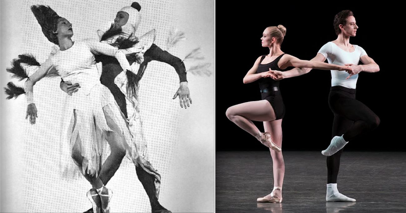 I quattro temperamenti. A sx Eise Reiman e Herbert Bliss con i costumi originali di Seligmann, 1951. A dx, lo spettacolo del New York City Ballet, 2017. Photo Paul Kolnik