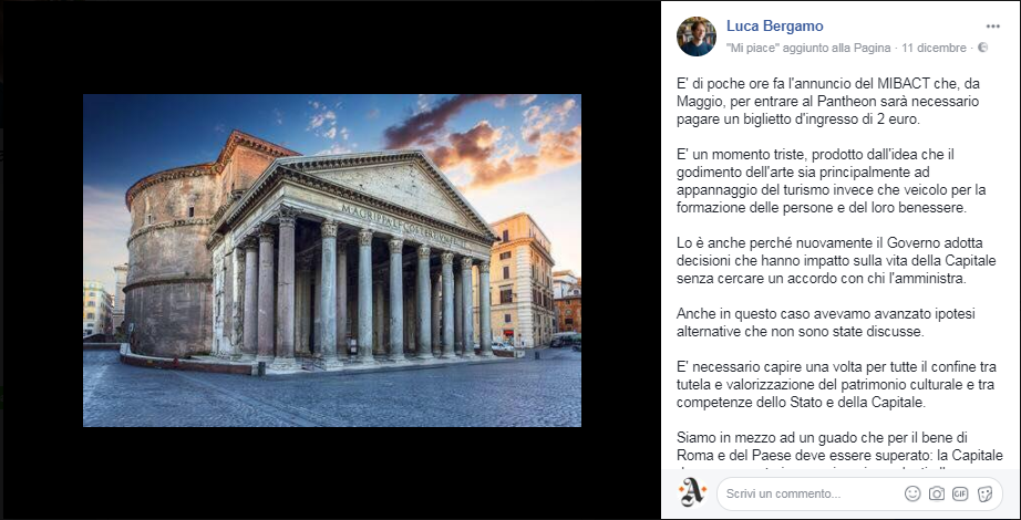 Il post su Facebook di Luca Bergamo
