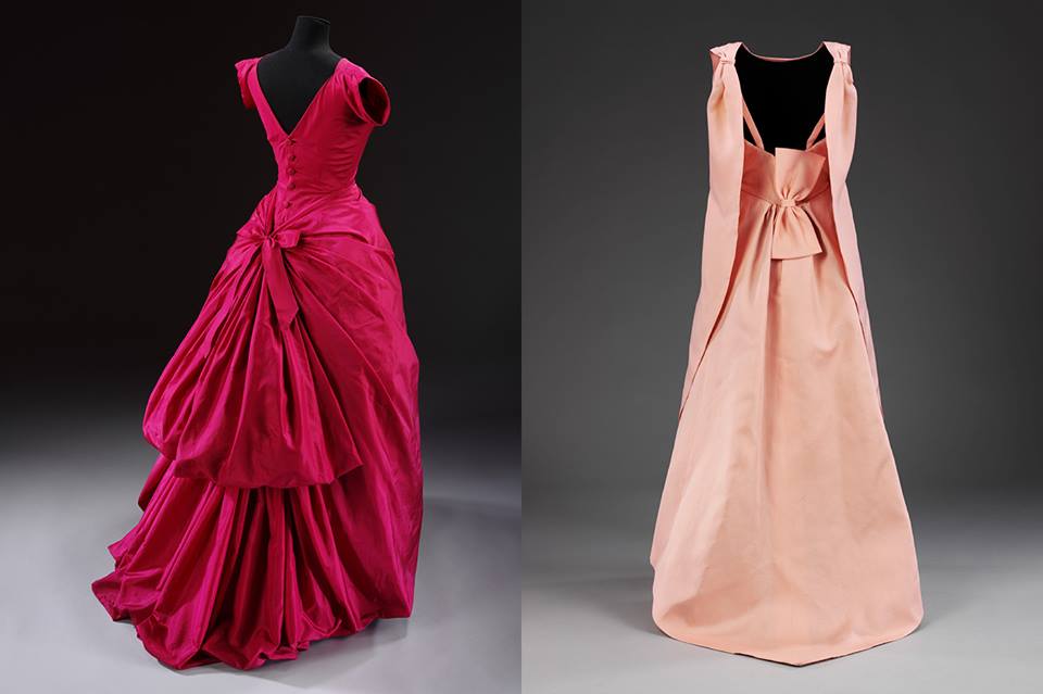 Evening dress, silk taffeta, Cristóbal Balenciaga, Paris, 1955 _ ‘La Tulipe’ evening dress, gazar, Balenciaga for EISA, Spain, 1965 both © Victoria and Albert Museum, London