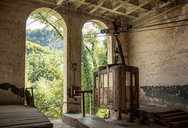 Lower station of the passenger cableway Town-Perevisa (1953), waiting hall. Ph. Nikoloz Mchedlidze 2015