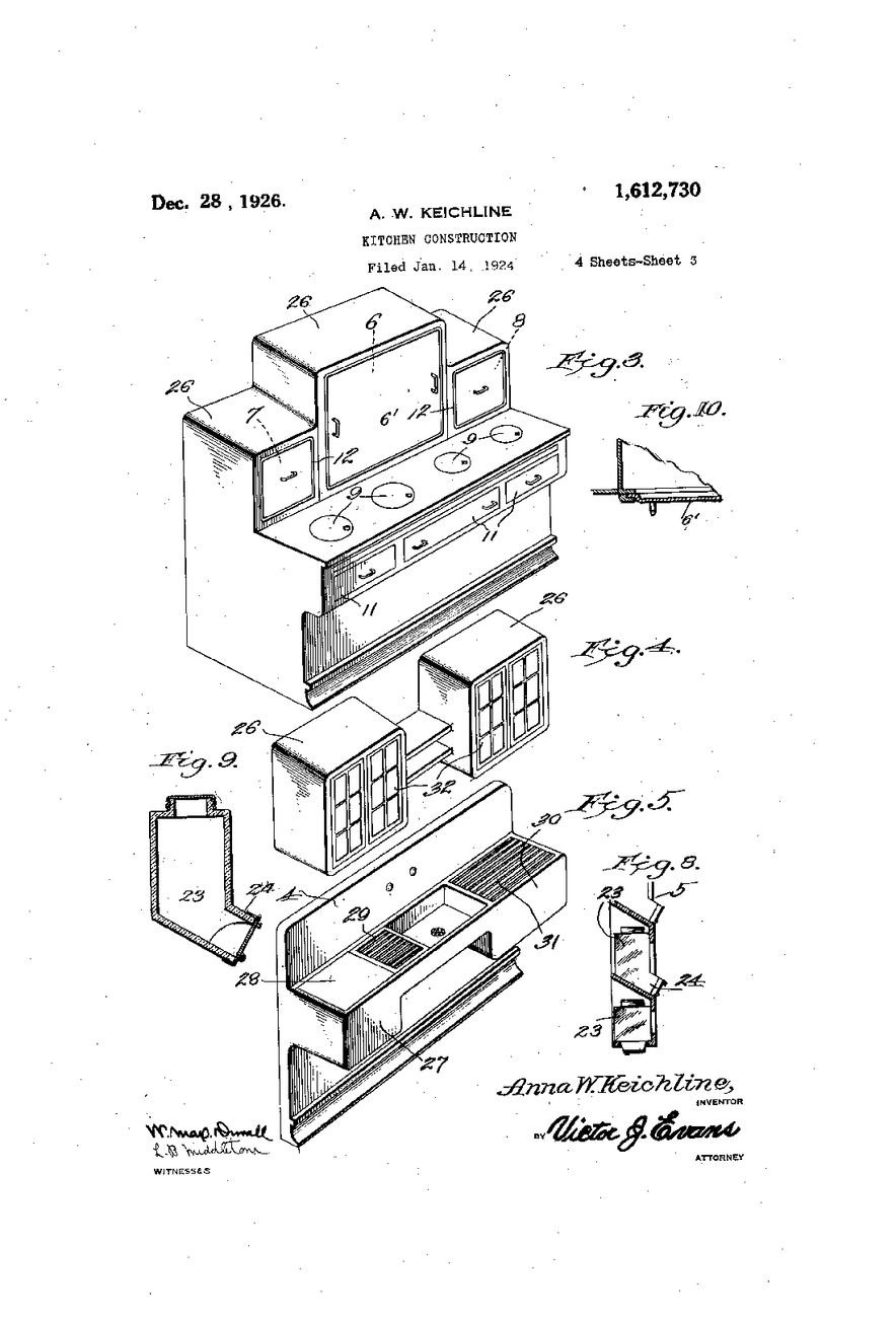 Anna Keichline, Patent for Kitchen Construction, #1,612,730 A, filed 14 gennaio 1924, issued 28 dicembre 1926