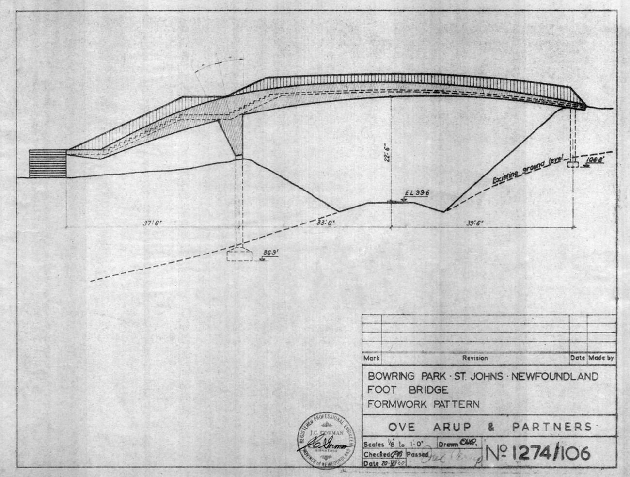 Van Ginkel Associates and Ove Arup & Partners, disegno per il ponte pedonale in Bowring Park, St. John’s, Newfoundland, Canada, 1959. City of St. John's Archives