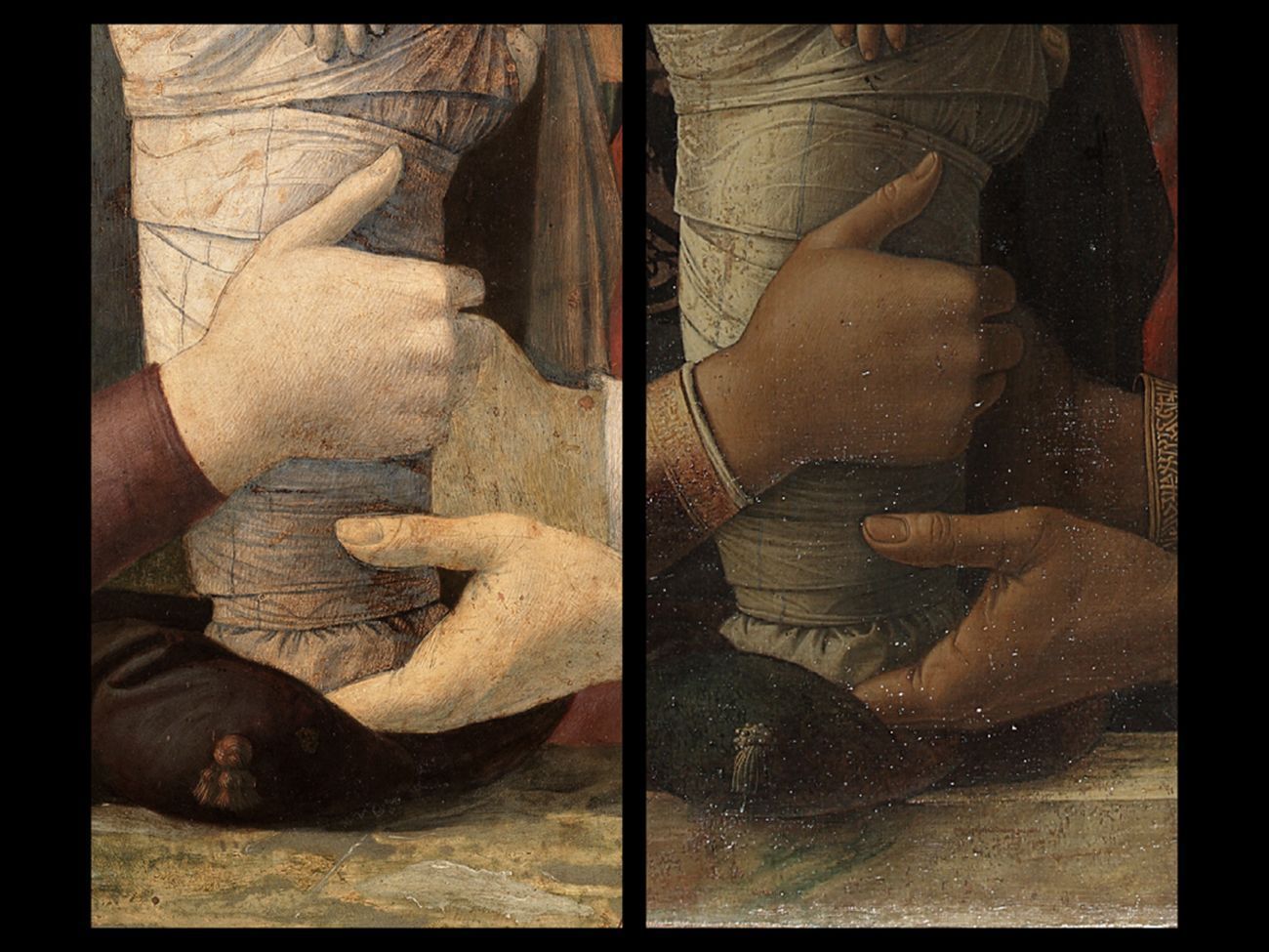 Bellini -Mantegna. Presentazione di Gesù al Tempio. Confronto, le mani della Vergine