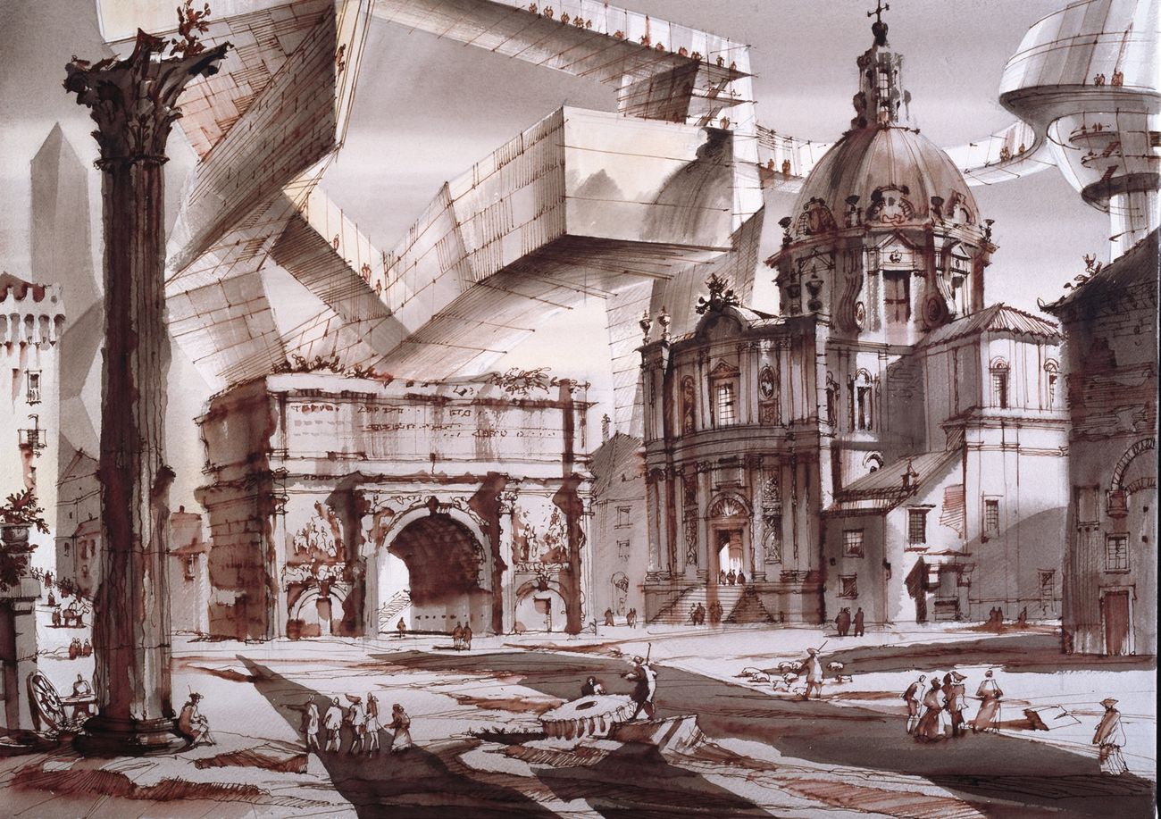 Biennale Disegno di Rimini 2018. Sergei Tchoban, Architectural capriccio, Roman Forum or Two worlds No. 1, film stage design project, St. Petersburg, 2013