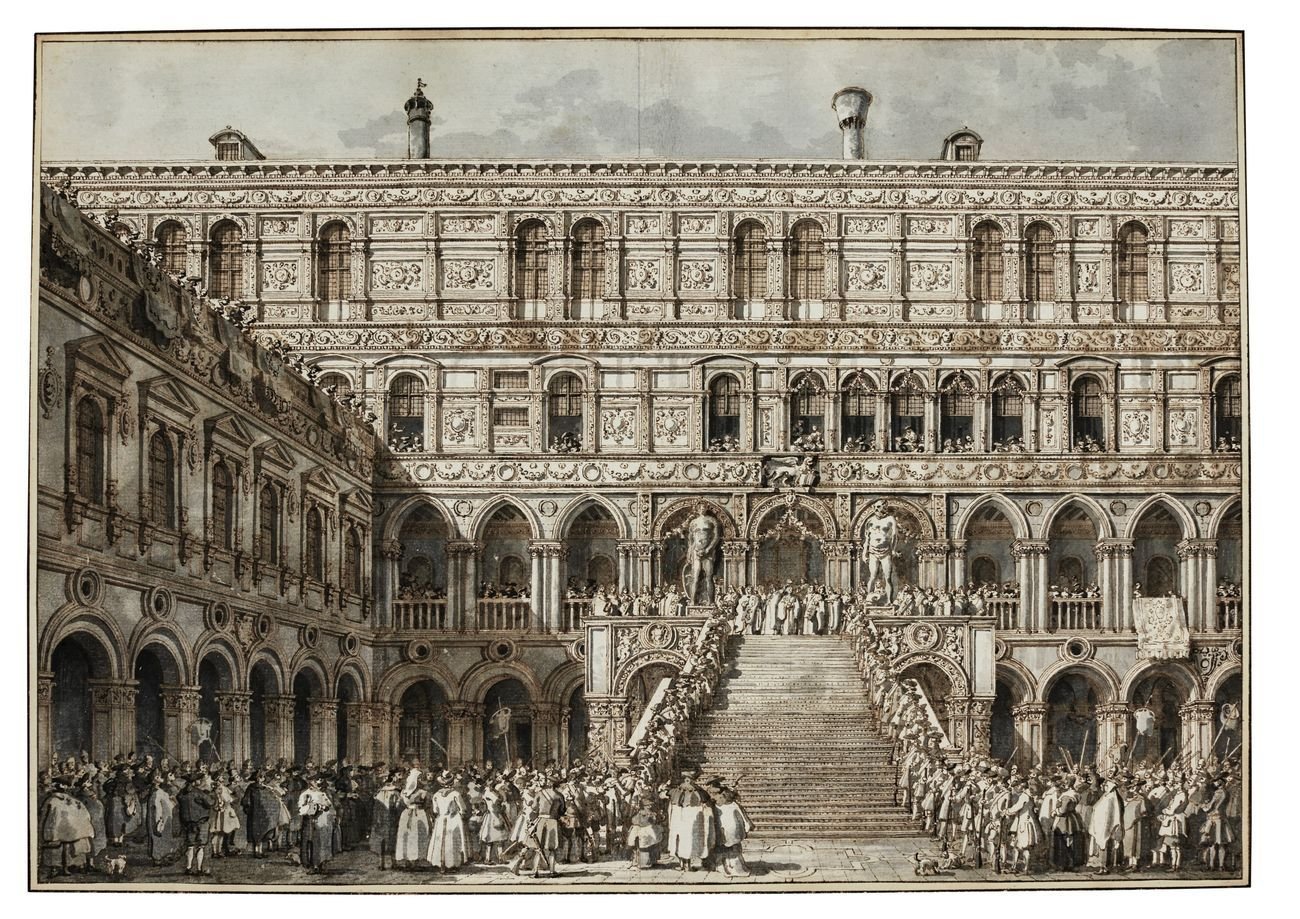 Canaletto (1697-1768), L’incoronazione del Doge sulla Scala dei Giganti di Palazzo Ducale, Venezia, 1763-1766, penna, inchiostro bruno e acquerello grigio, con tocchi di biacca su gesso nero, mm 389 x 554, courtesy of Jean-Luc Baroni Ltd