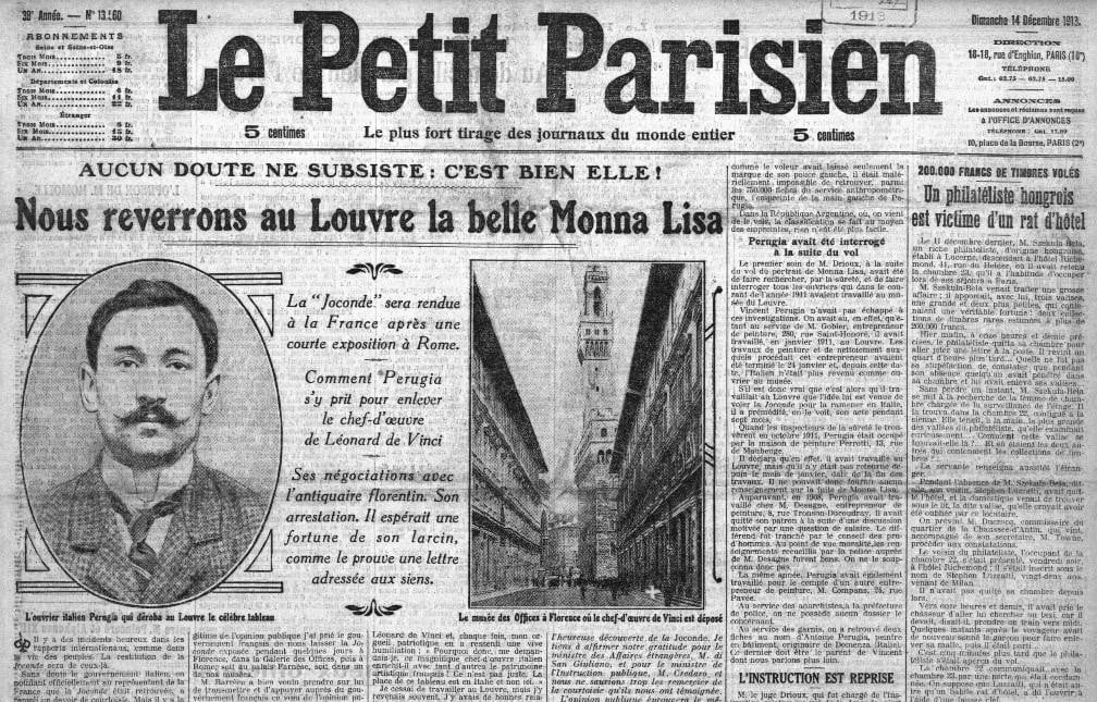 Le Petit Parisien del 14 dicembre 1913 celebra il ritrovamento della Gioconda