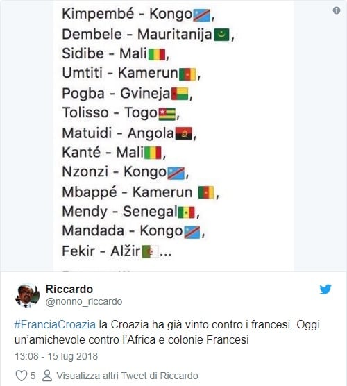 Tweet contro i giocatori neri della nazionale francese