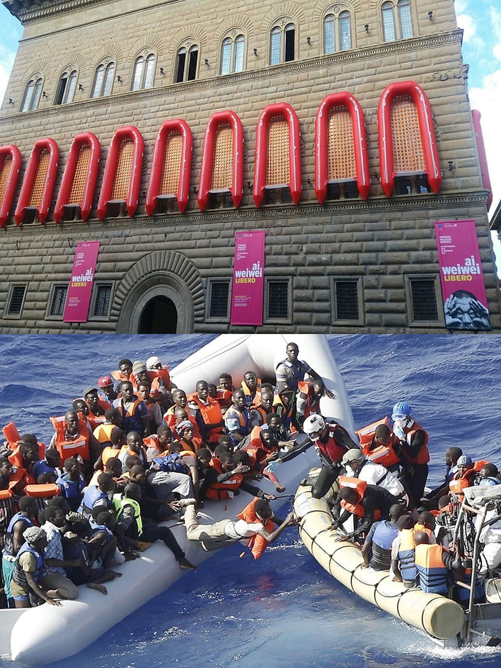 Ai Weiwei (in alto) e migranti nel Mediterraneo (in basso)