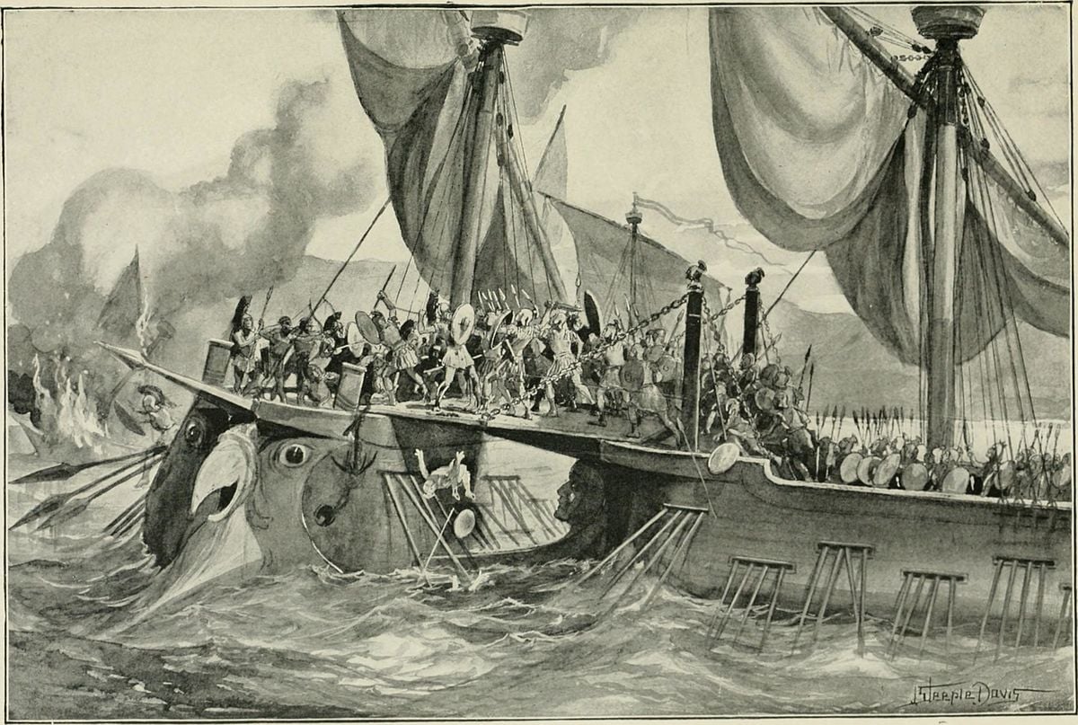 Scontro in mare tra le flotte romana e cartaginese. Edward Sylvester Ellis, 1840 1916; Horne, Charles F. (Charles Francis), 1870 1942