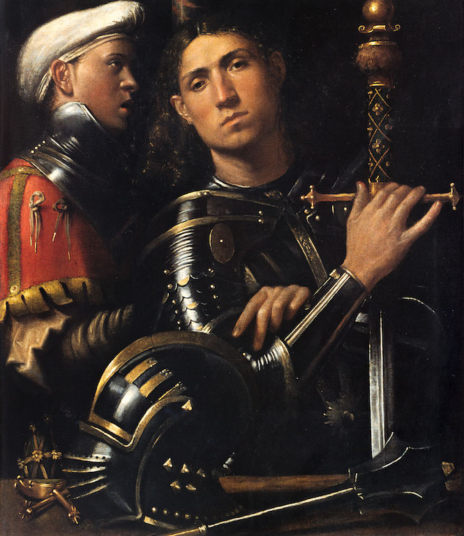Giorgione, ritratto di guerriero con uno scudiero, detto il gattamelata, 1501 ca. -Uffizi, Firenze
