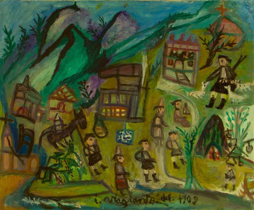 Bonaria Manca, IL VIAGGIANTE DEL 1908 Anni '80, Olio su tela. Collezione privata dell'artista. Ph. Paola Manca