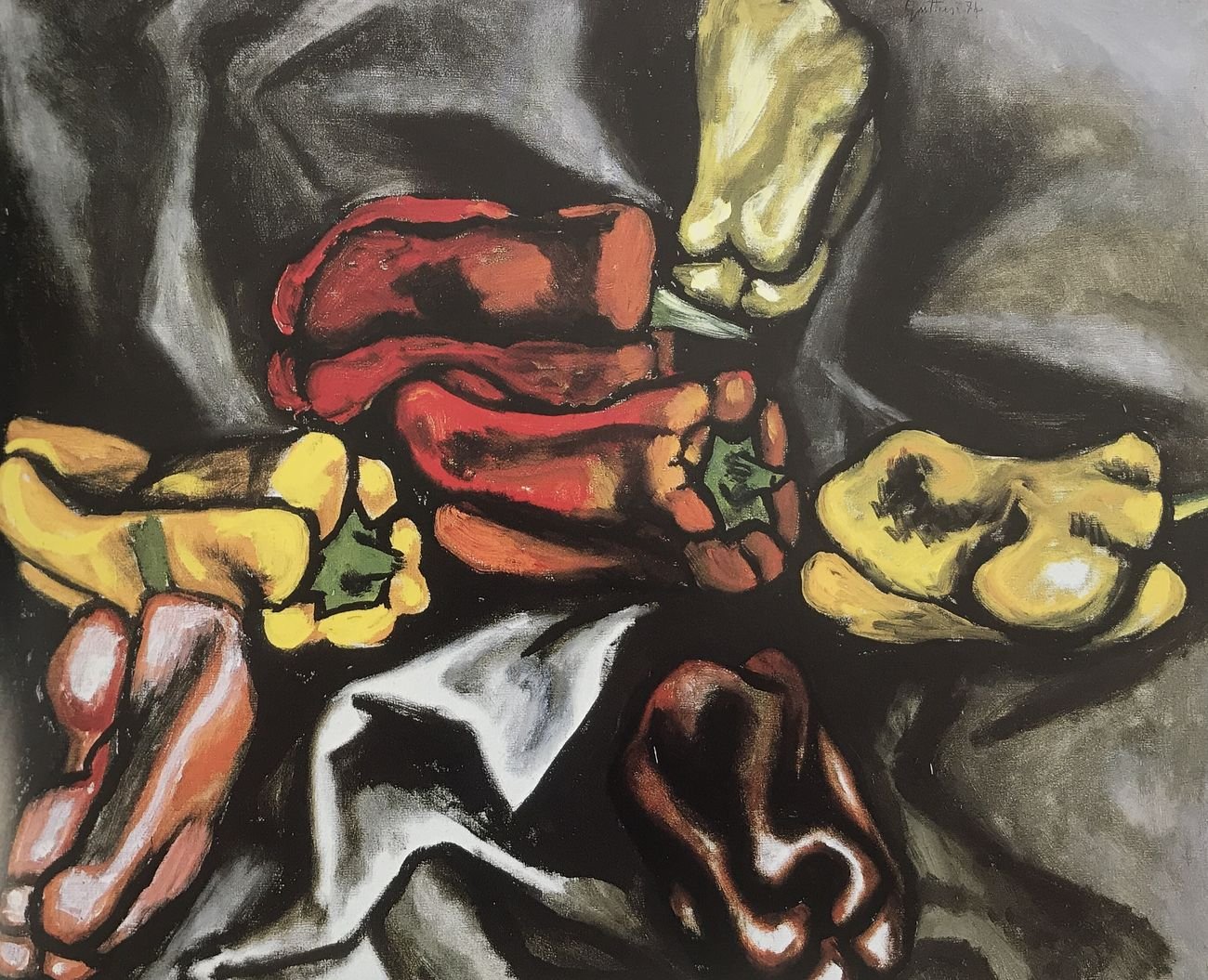 Renato Guttuso, Peperoni su fondo nero, 1974